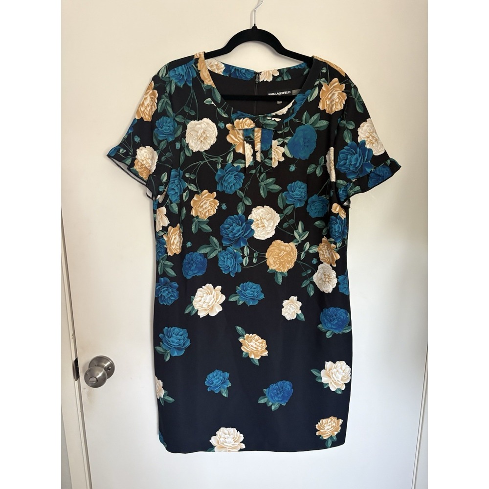 Karl Lagerfeld Blue Black Floral Bow Chic Twee Retro Cocktail 14